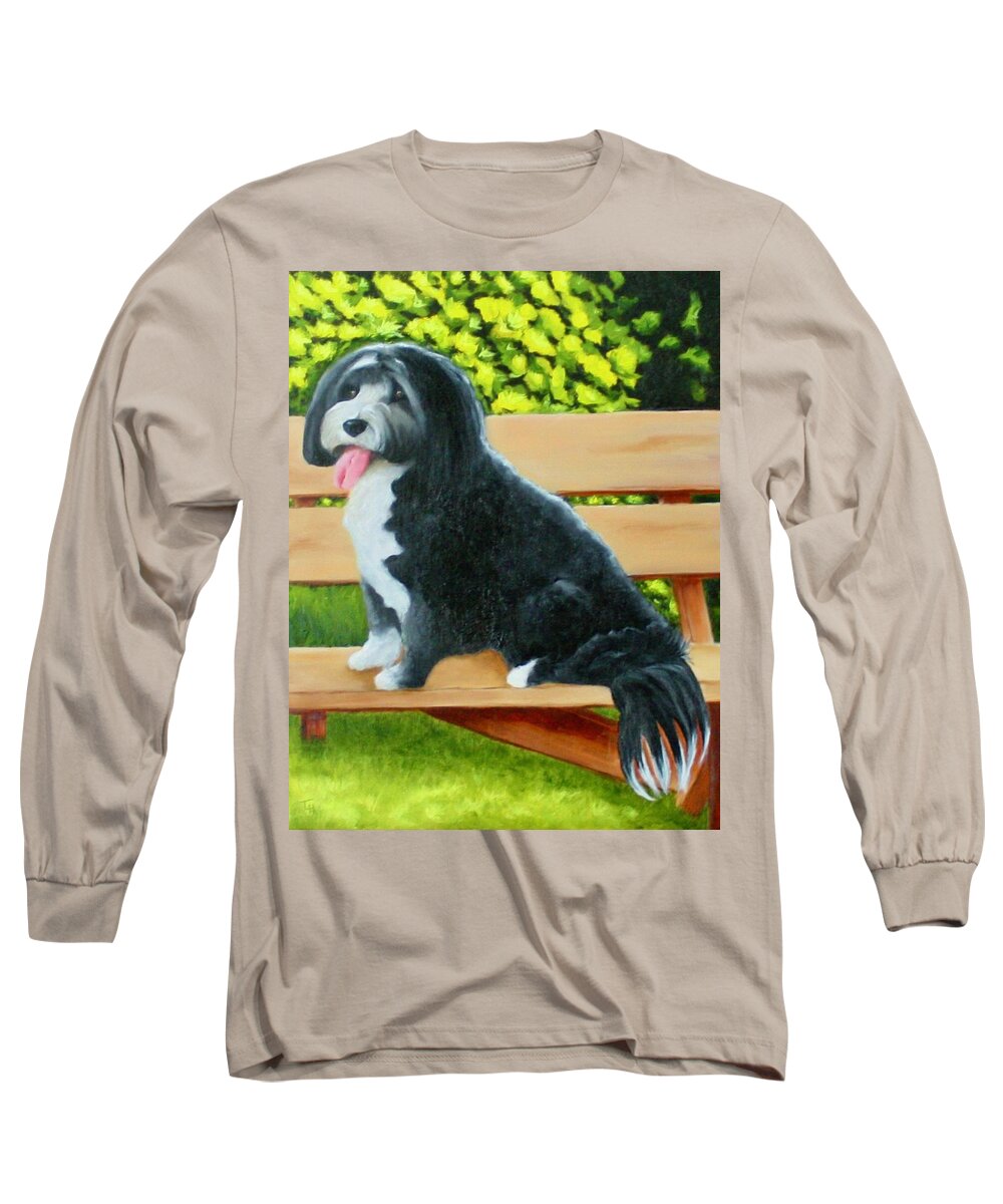 Pet Portrait Long Sleeve T-Shirt featuring the painting Dog on a Park Bench by Tracy Hutchinson