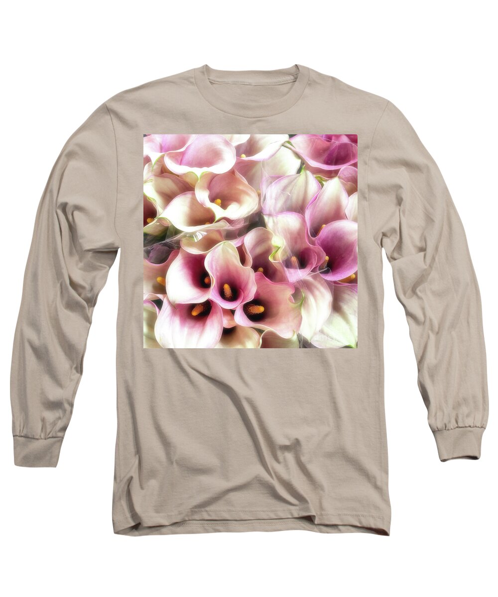 Natural Long Sleeve T-Shirt featuring the photograph Dreamy style background of pink and white calla lily bouquets by Jane Rix
