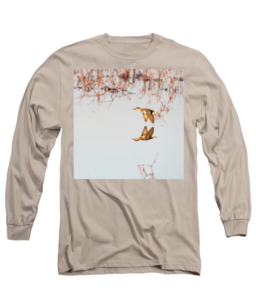 Duck Long Sleeve T-Shirt featuring the photograph Duck in Flight with Reflection by Flinn Hackett