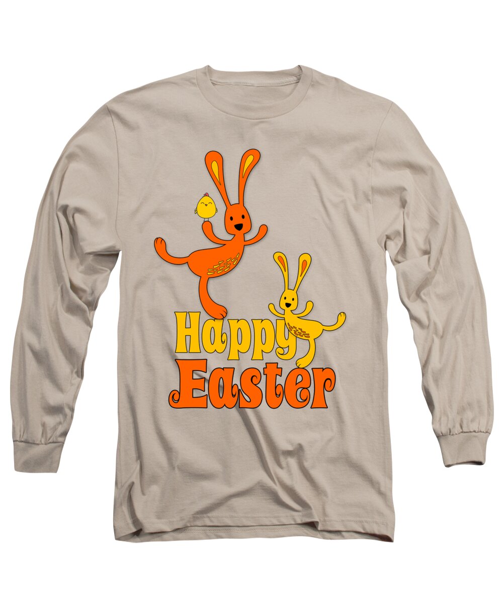 Easter Long Sleeve T-Shirt featuring the digital art Easter Bunnies with Chick in Orange and Yellow by Doreen Erhardt