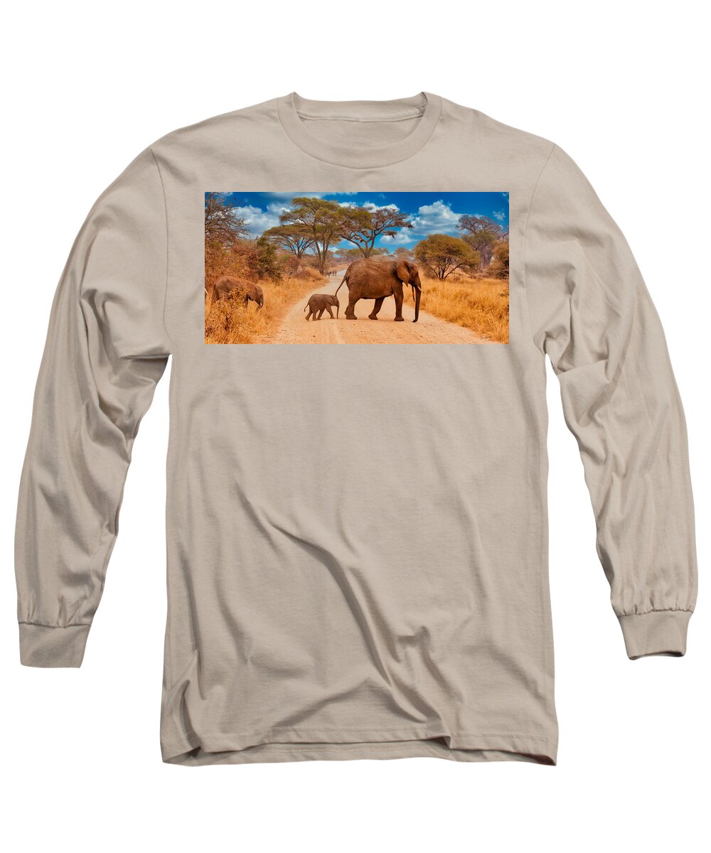 Roadblock Long Sleeve T-Shirt featuring the photograph Elephants Crossing the Road by Bruce Block