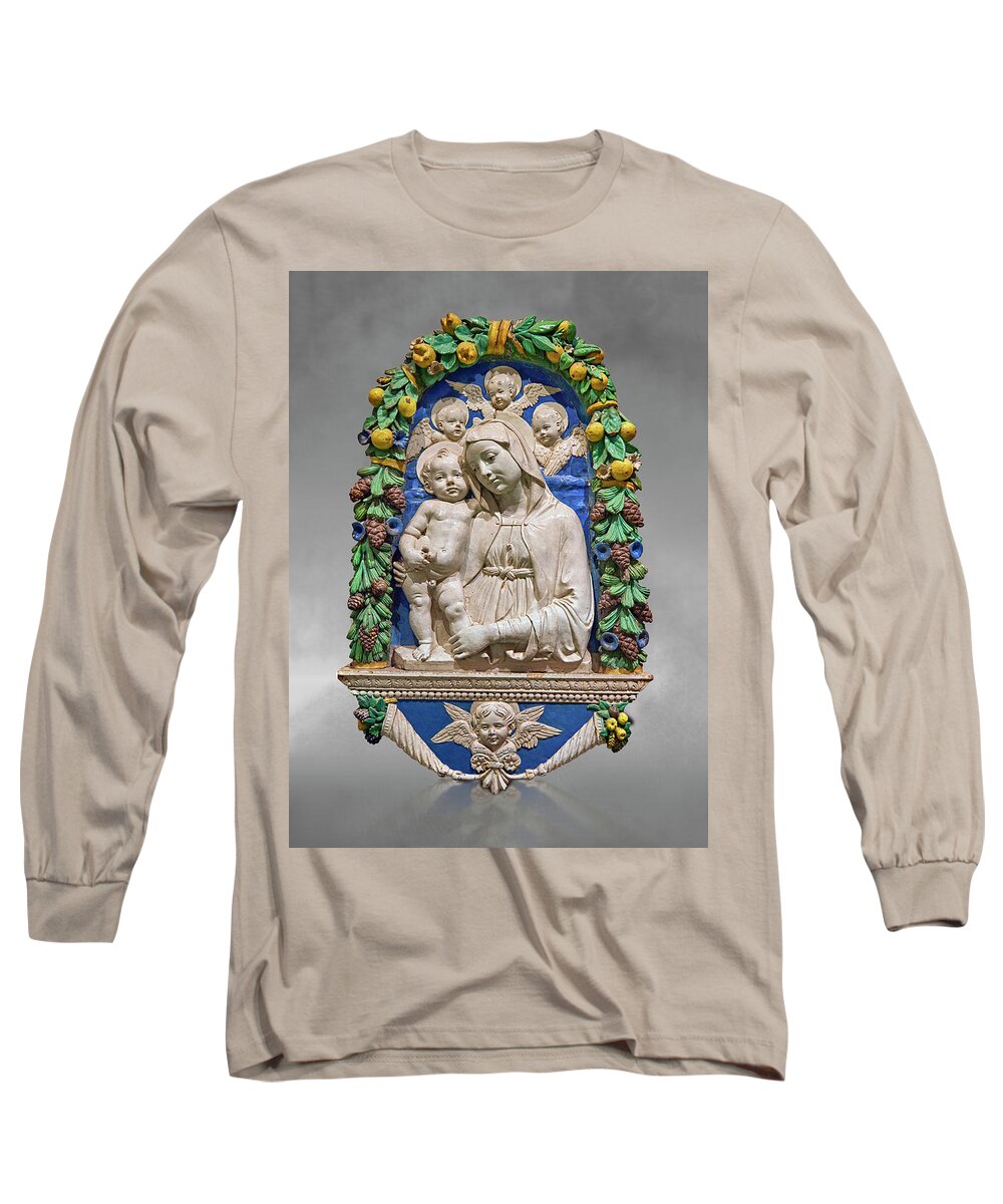 Enamelled Terracotta Relief Panel Long Sleeve T-Shirt featuring the relief Enamelled terracotta relief of the Virgin and Child by Andrea della Robbia 1435 by Paul E Williams