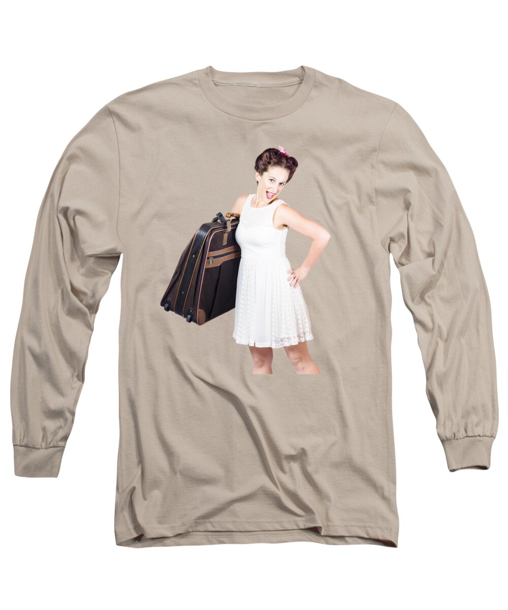 Vacation Long Sleeve T-Shirt featuring the photograph Excited retro backpacking girl holding baggage by Jorgo Photography