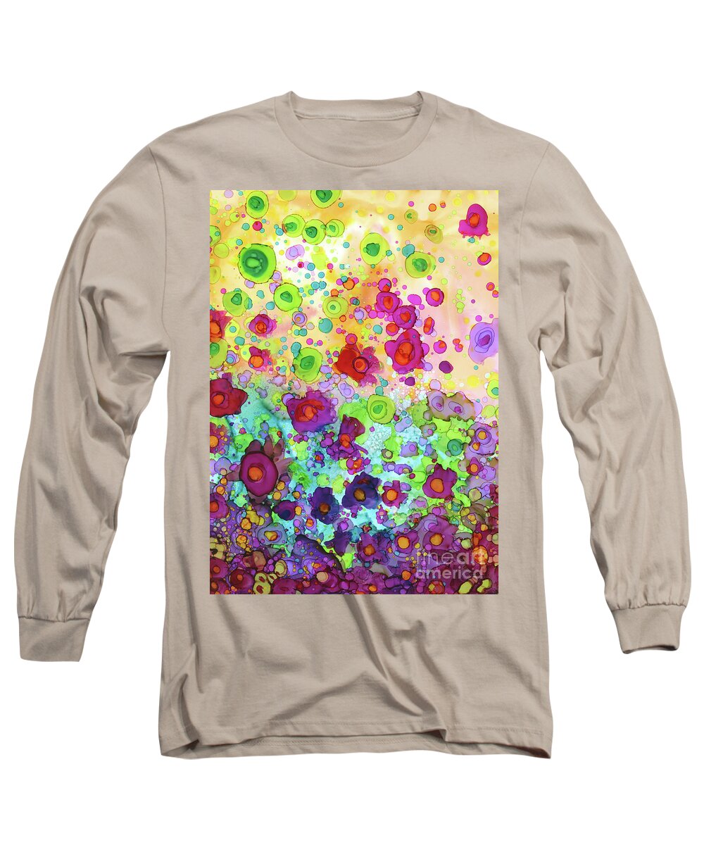 Whimsical Long Sleeve T-Shirt featuring the painting Floating Pink Flowers Spring Day Painting by Joanne Herrmann
