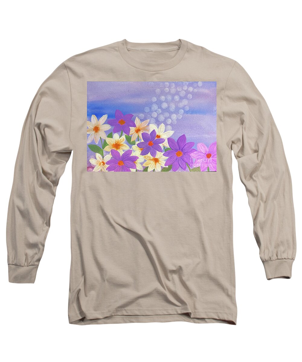 Flowers Long Sleeve T-Shirt featuring the mixed media Flowers with Purple Sky by Lisa Neuman