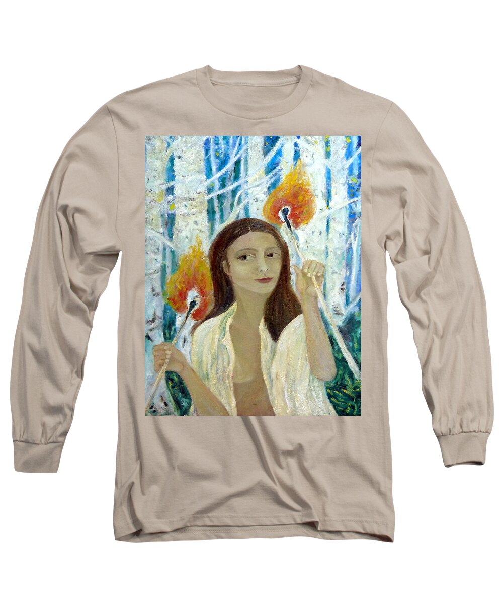 Girl With Matches Long Sleeve T-Shirt featuring the painting Girl With Matches by Elzbieta Goszczycka
