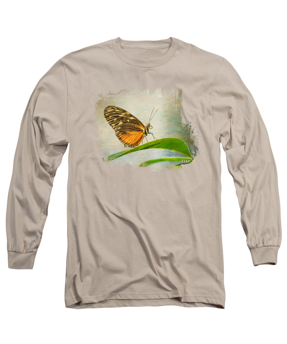 Golden Helicone Butterfly Long Sleeve T-Shirt featuring the mixed media Golden Helicone Butterfly 2 by Elisabeth Lucas