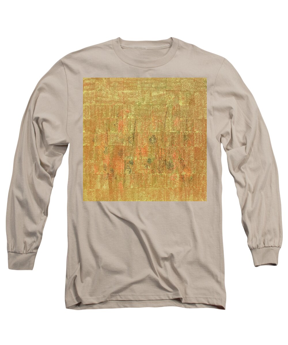 Lynnie Lang Long Sleeve T-Shirt featuring the mixed media HARVEST Abstract Squares Gold Yellow Orange by Lynnie Lang