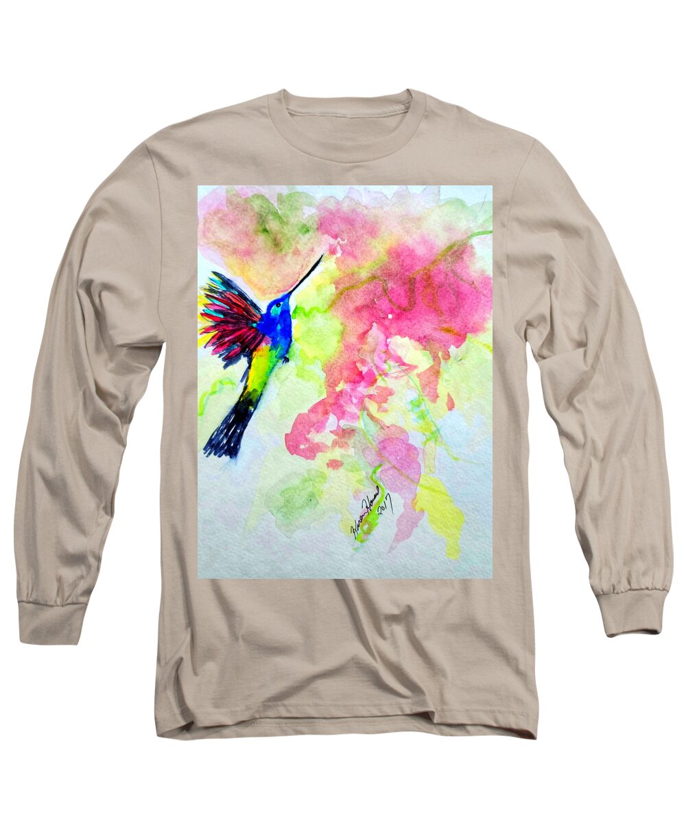 Hummer Long Sleeve T-Shirt featuring the painting Hummingbird In The Trees by Shady Lane Studios-Karen Howard