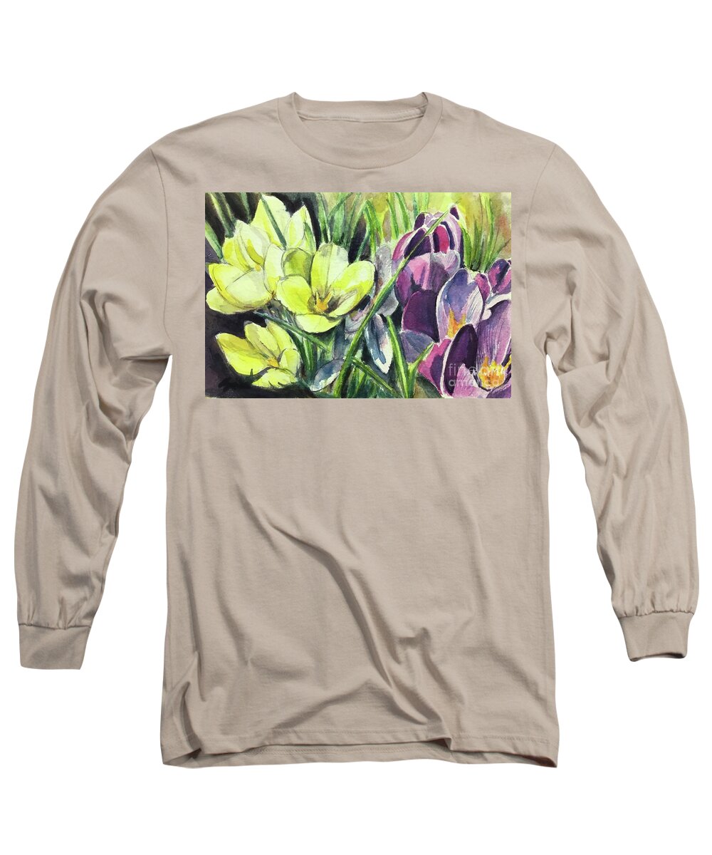 Crocus Long Sleeve T-Shirt featuring the painting Is spring near? by Sonia Mocnik