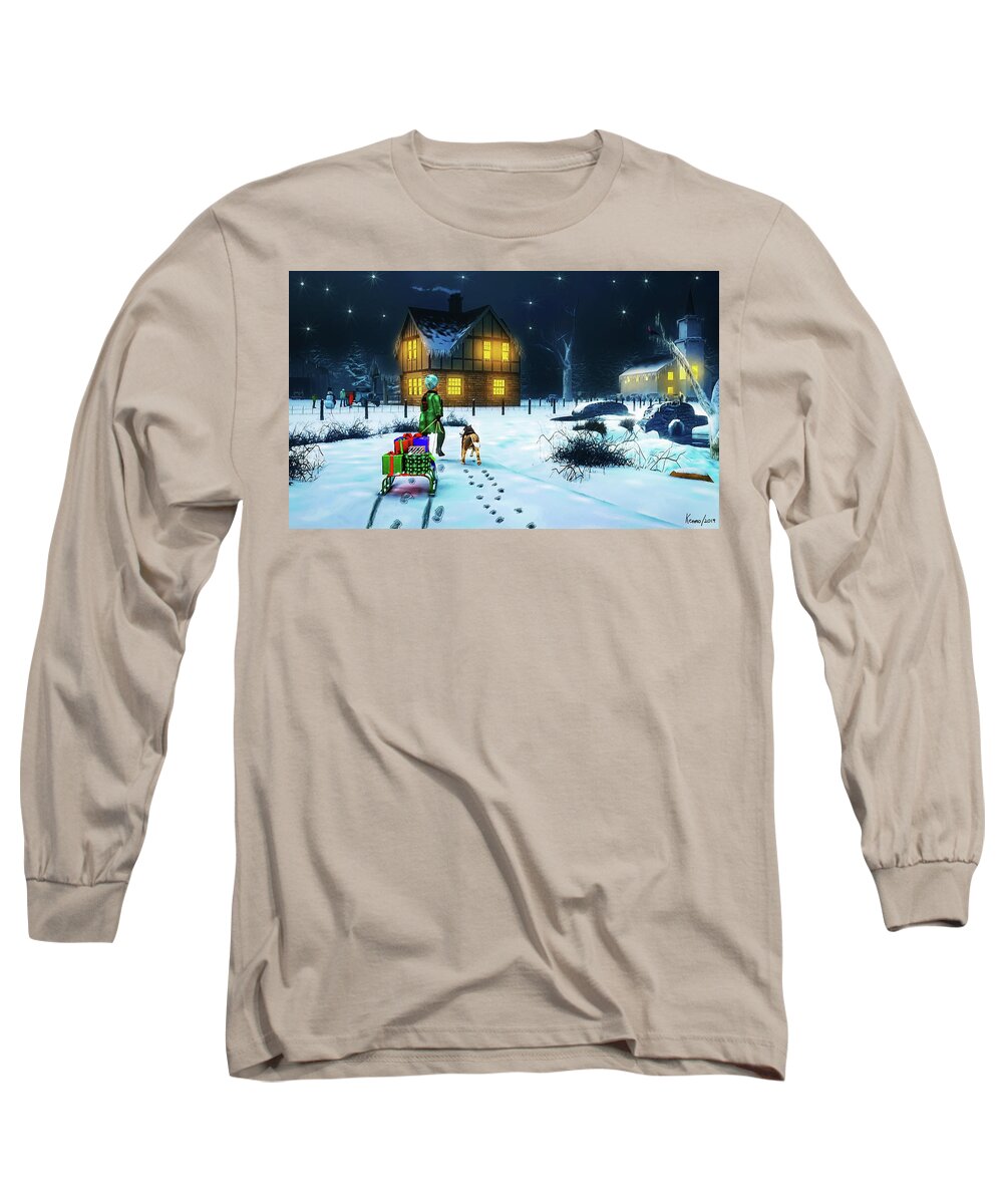 Christmas Long Sleeve T-Shirt featuring the mixed media Late Christmas Eve's Visit to Grandma's by Ken Morris