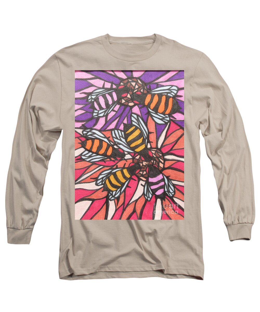 Bees Bee Insect Nature Pattern Abstract Mask Pillow Cushion Lobby Cool Long Sleeve T-Shirt featuring the mixed media Let It Bee by Bradley Boug