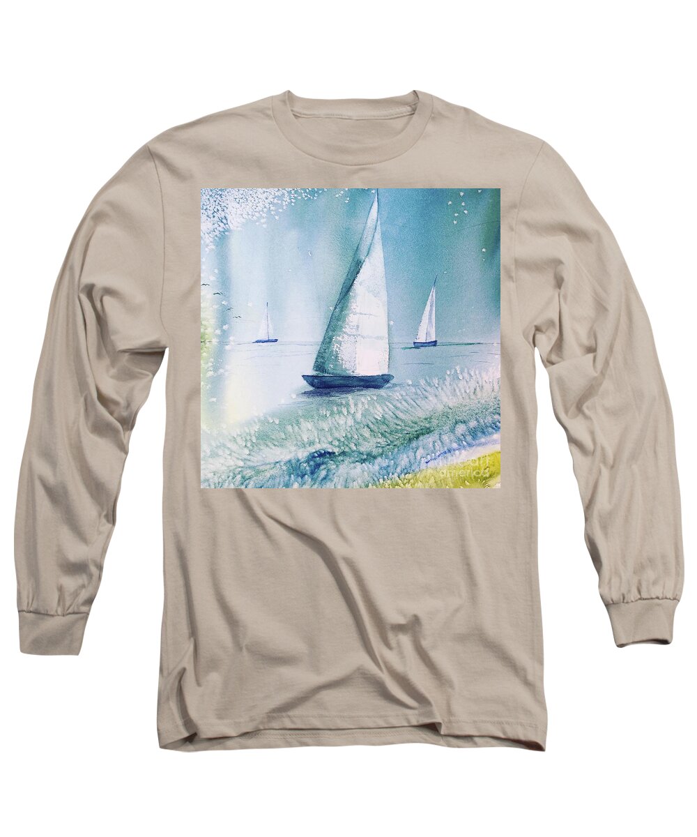 Seascape Long Sleeve T-Shirt featuring the painting Let's Sail by Catherine Ludwig Donleycott