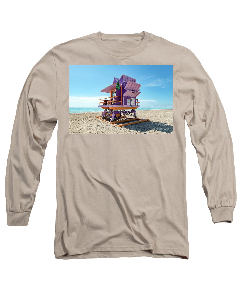 Atlantic Long Sleeve T-Shirt featuring the photograph Lifeguard Tower 100 South Beach Miami, Florida by Beachtown Views