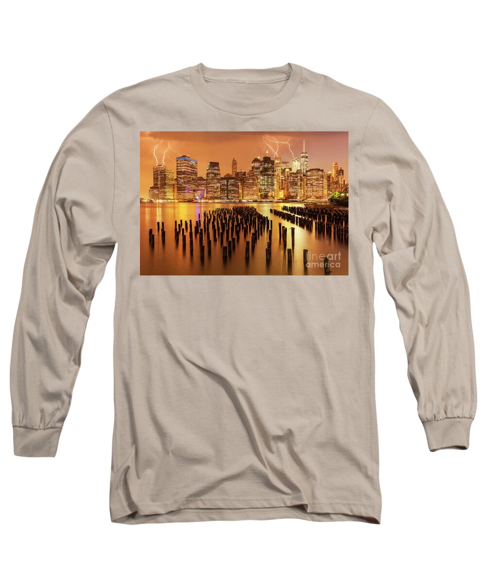Lightning Storm Long Sleeve T-Shirt featuring the photograph Lightening Strikes over New York Skyline by Neale And Judith Clark