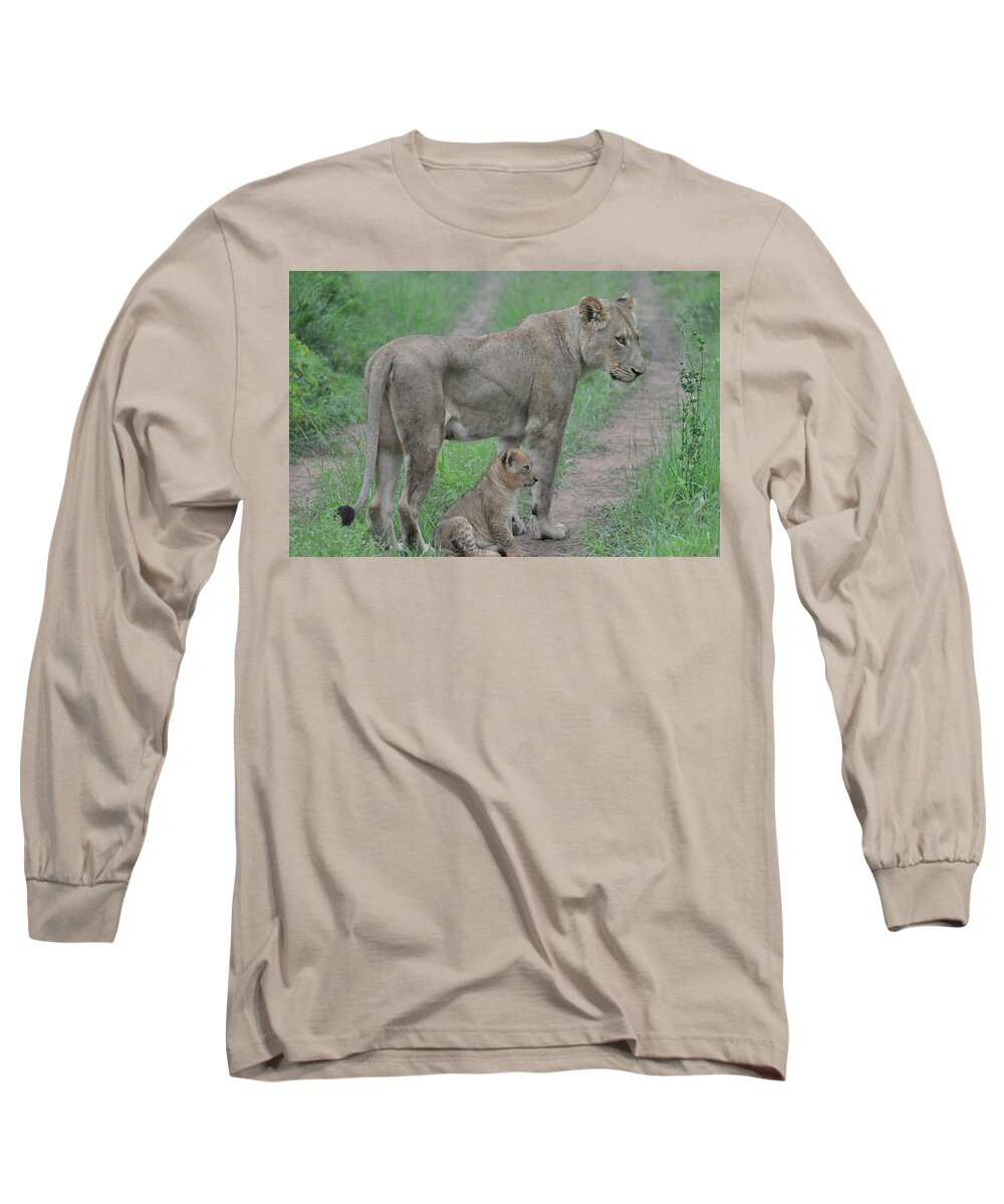 Lion Long Sleeve T-Shirt featuring the photograph Lioness and Cub on the Road by Rebecca Herranen