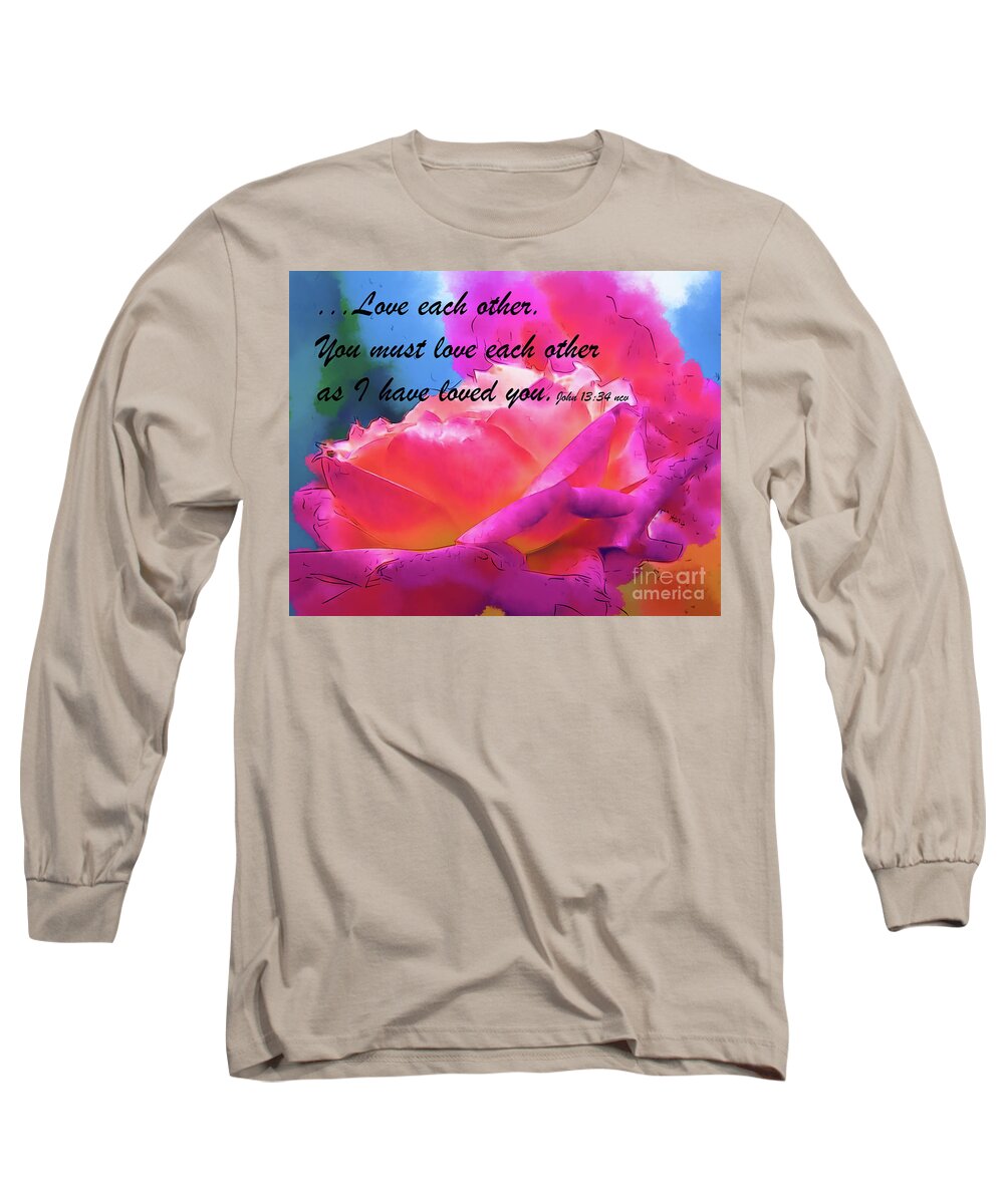 Rose Long Sleeve T-Shirt featuring the digital art Love Each Other Watercolor Rose Bloom by Kirt Tisdale