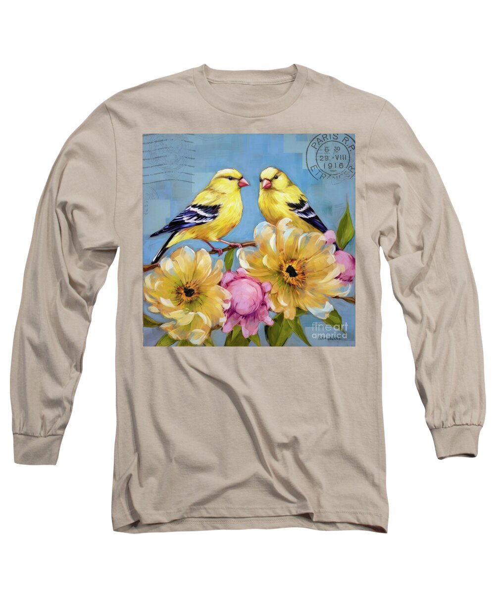 American Goldfinch Birds Long Sleeve T-Shirt featuring the painting Lovely Goldfinches by Tina LeCour