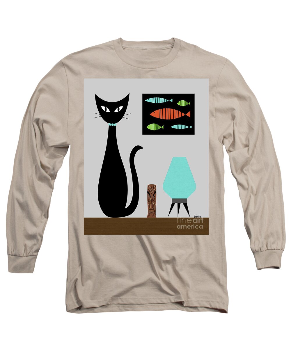 Mid Century Cat Long Sleeve T-Shirt featuring the digital art Mid Century Cat with Fish on Gray by Donna Mibus