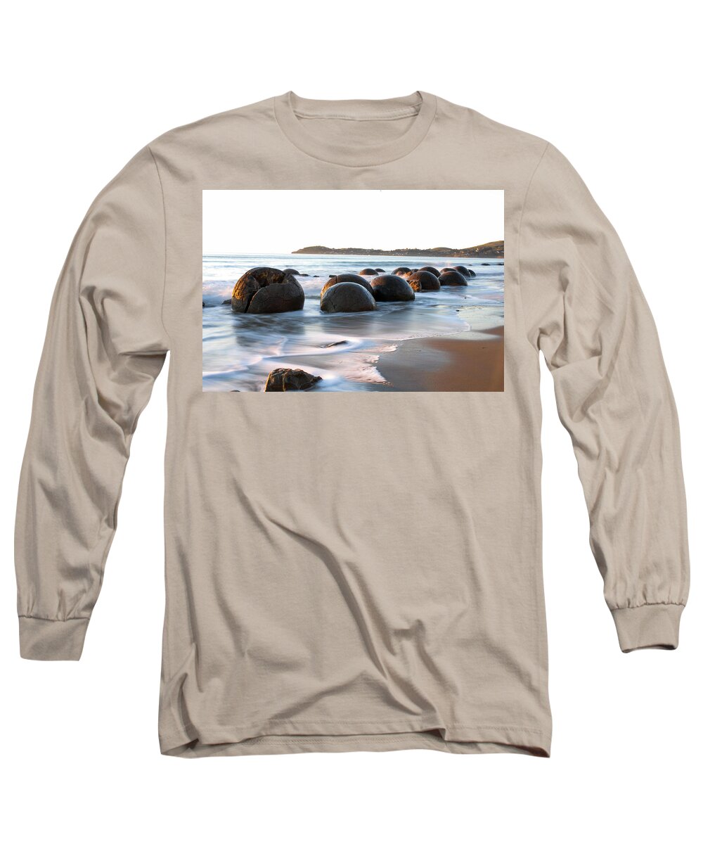 Moeraki Long Sleeve T-Shirt featuring the photograph Tranquility - Moeraki Boulders, South Island. New Zealand by Earth And Spirit