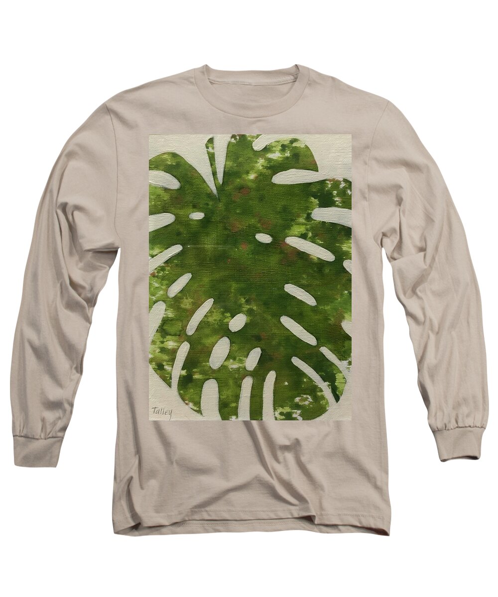 Monstera Dark Palm Abstract Leaf Swiss Cheese Plant Tropical Blooming Drips Long Sleeve T-Shirt featuring the painting Monstera Dark by Pam Talley