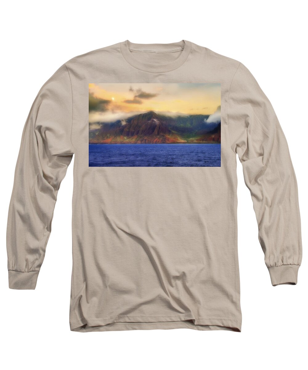 Kauai Long Sleeve T-Shirt featuring the photograph Moonrise at Sunset of the Napali Coast on the Island of Kauai, Hawaii by John A Rodriguez