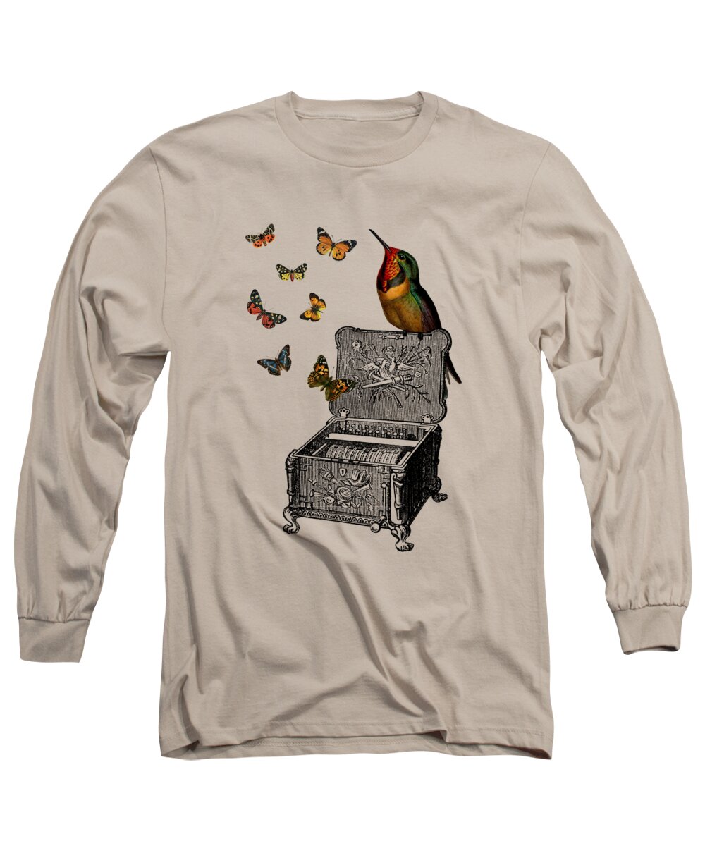 Bird Long Sleeve T-Shirt featuring the digital art Music Box With Hummingbird And Butterflies by Madame Memento