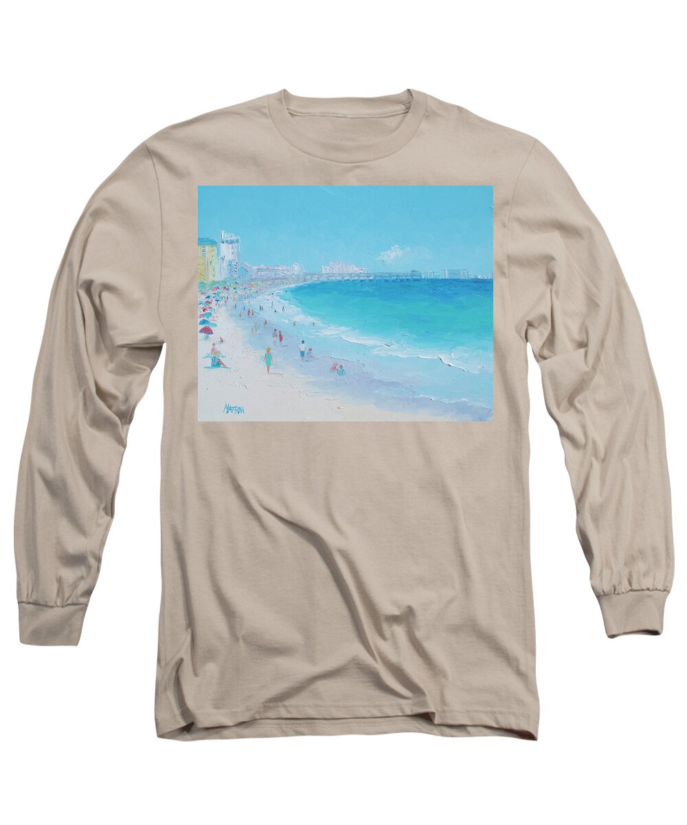 Seascape Long Sleeve T-Shirt featuring the painting Myrtle Beach and Springmaid Pier, beach impression by Jan Matson