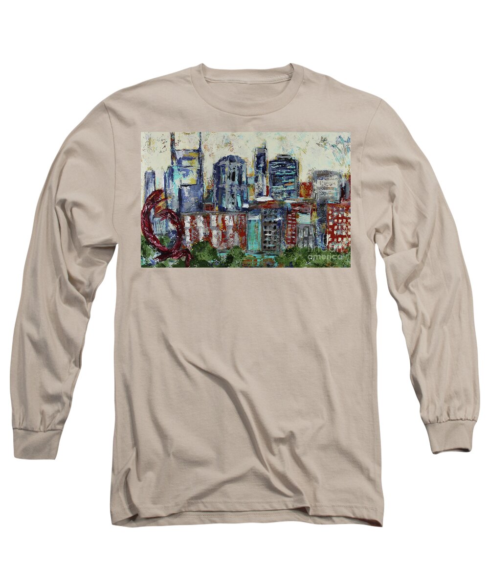 Abstract Long Sleeve T-Shirt featuring the painting Nashville Skyline Abstract by Kirsten Koza Reed