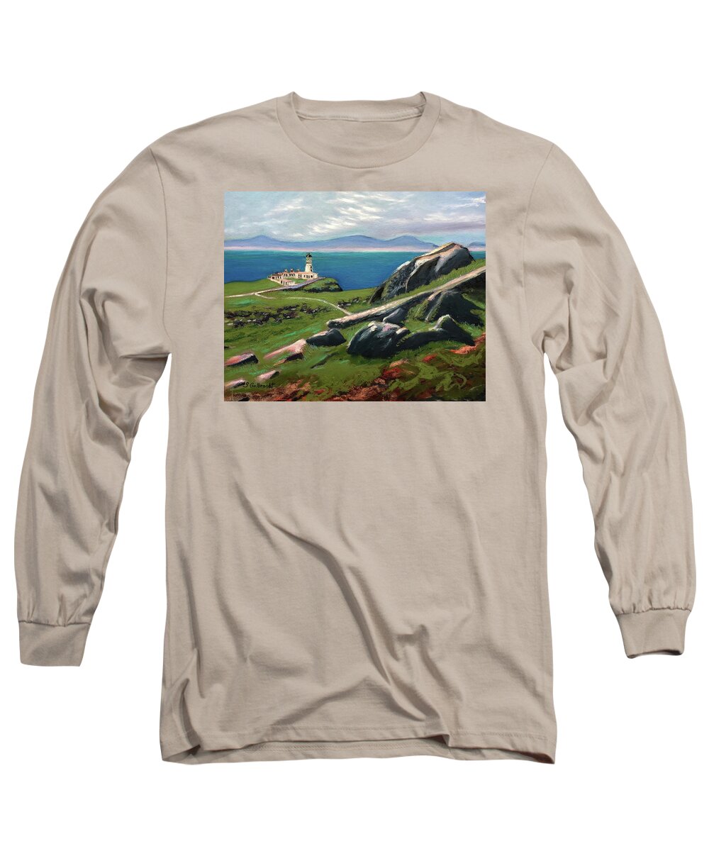 Neist Point Lighthouse Long Sleeve T-Shirt featuring the painting Neist Point Lighthouse on the Isle of Skye, Scotland by Shirley Galbrecht