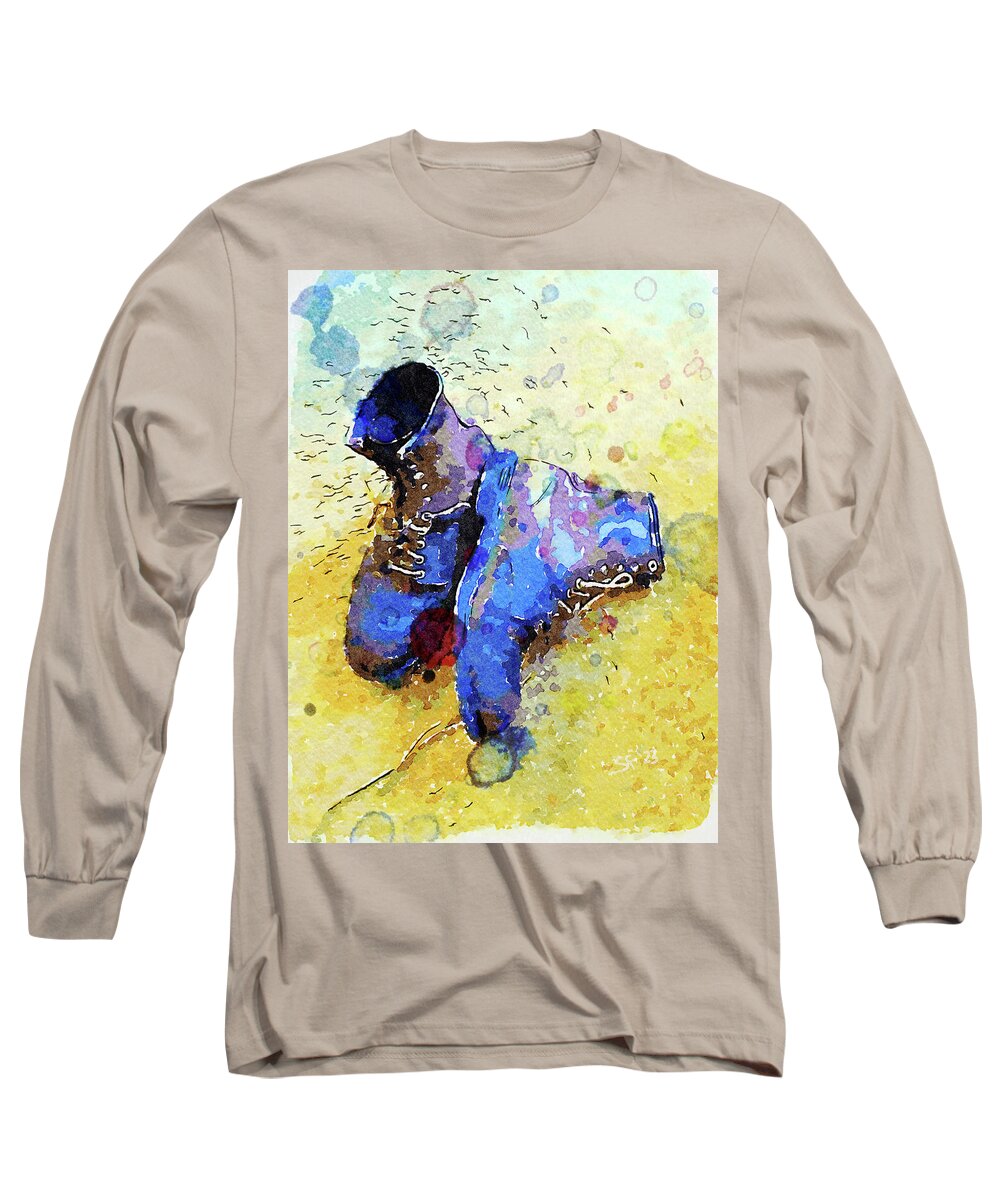 Boots Long Sleeve T-Shirt featuring the digital art Old Work Boots Watercolor Painting by Shelli Fitzpatrick