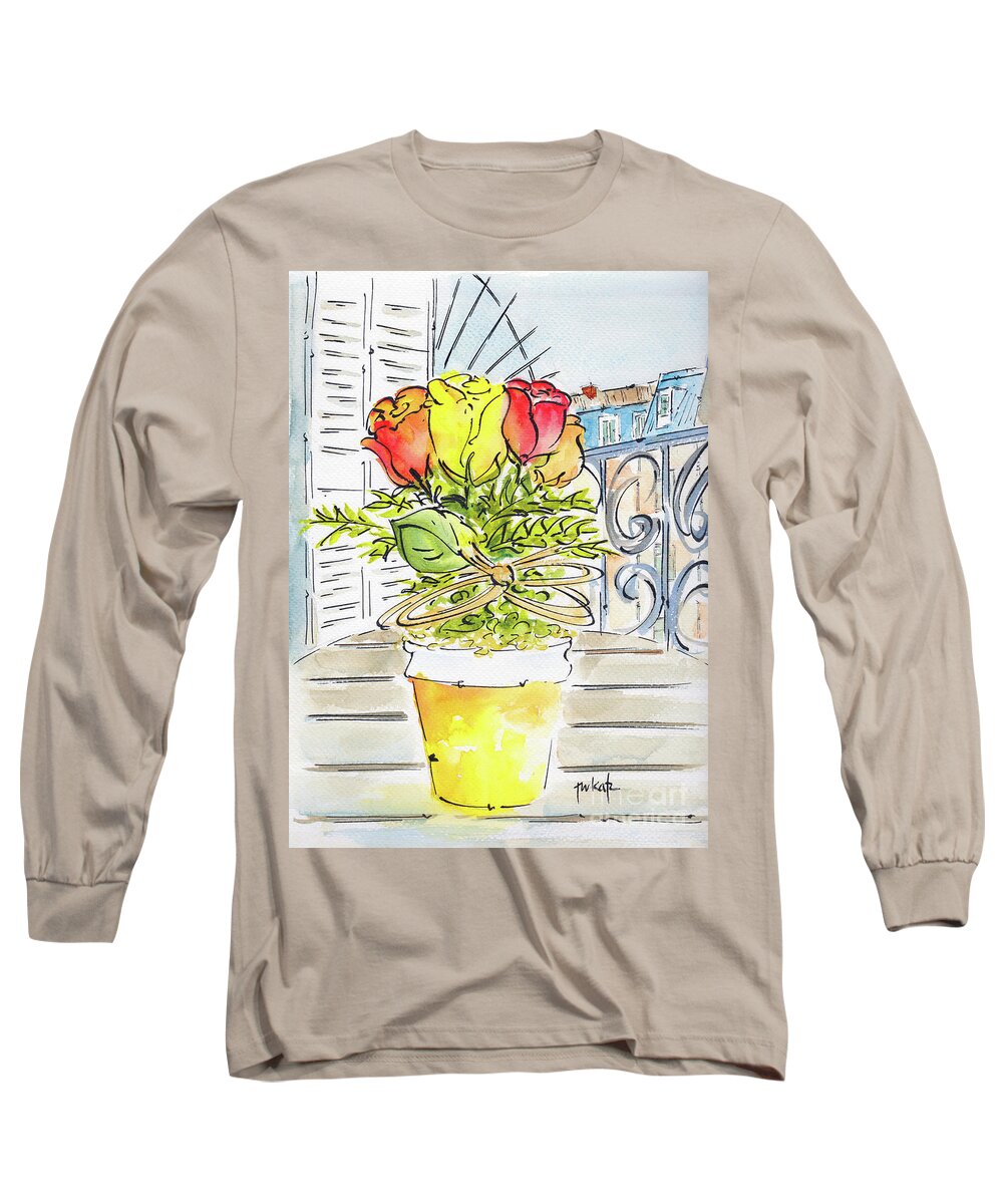 Impressionism Long Sleeve T-Shirt featuring the painting Paris Pot Of Roses On Rooftop Terrace by Pat Katz