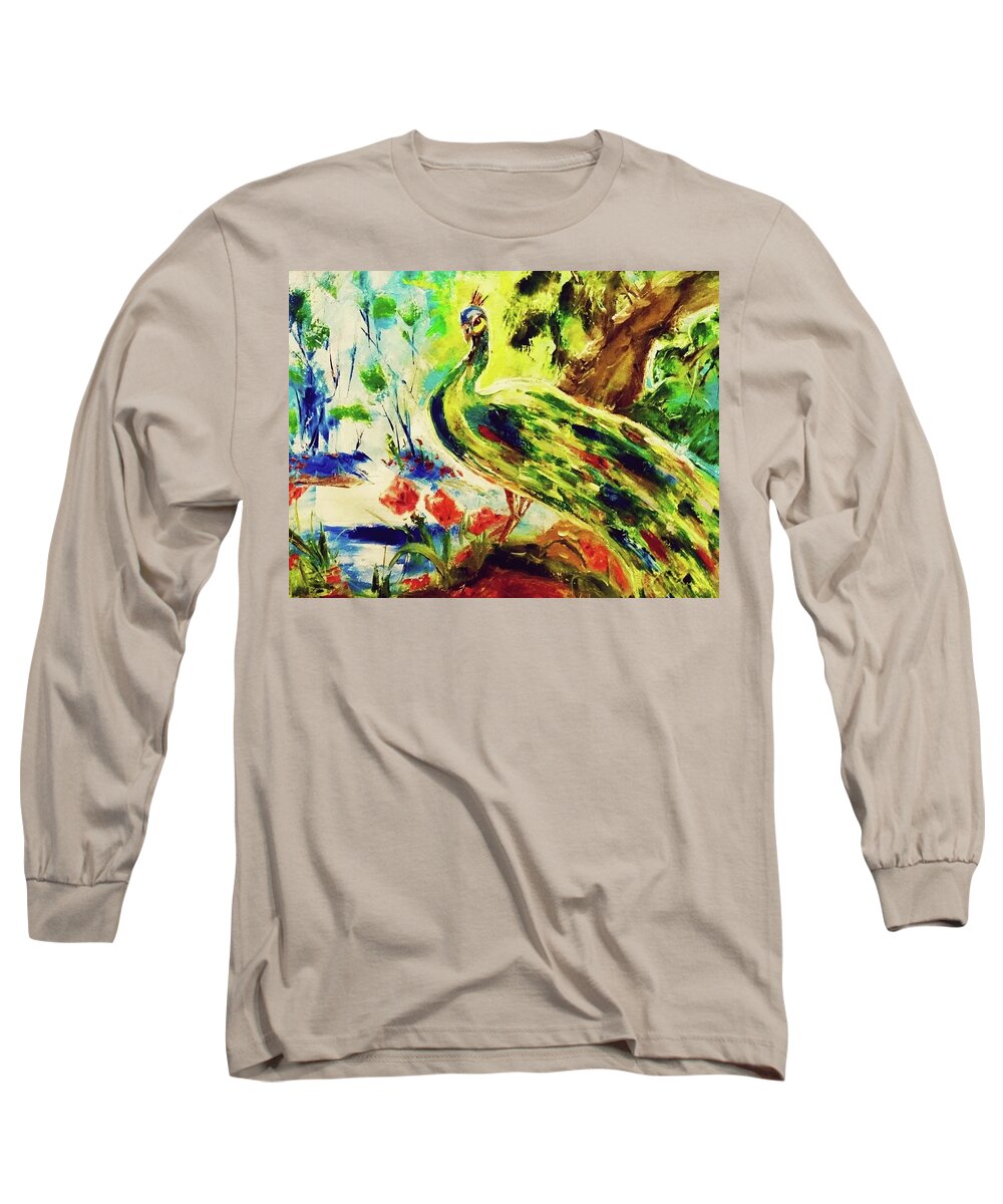 Abstract Long Sleeve T-Shirt featuring the painting Peacock by Lana Sylber