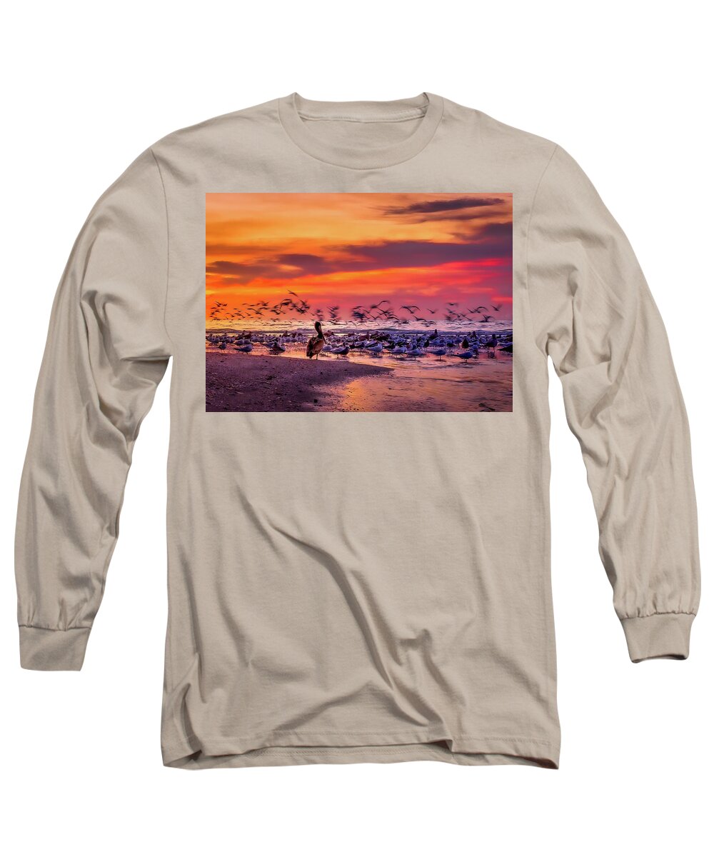 Beach Long Sleeve T-Shirt featuring the photograph Pelican Watch at Clam Pass Beach by Dee Potter