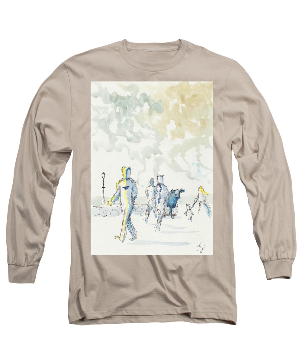 People Walking Long Sleeve T-Shirt featuring the painting People walking and cow on skateboard painting by Mike Jory