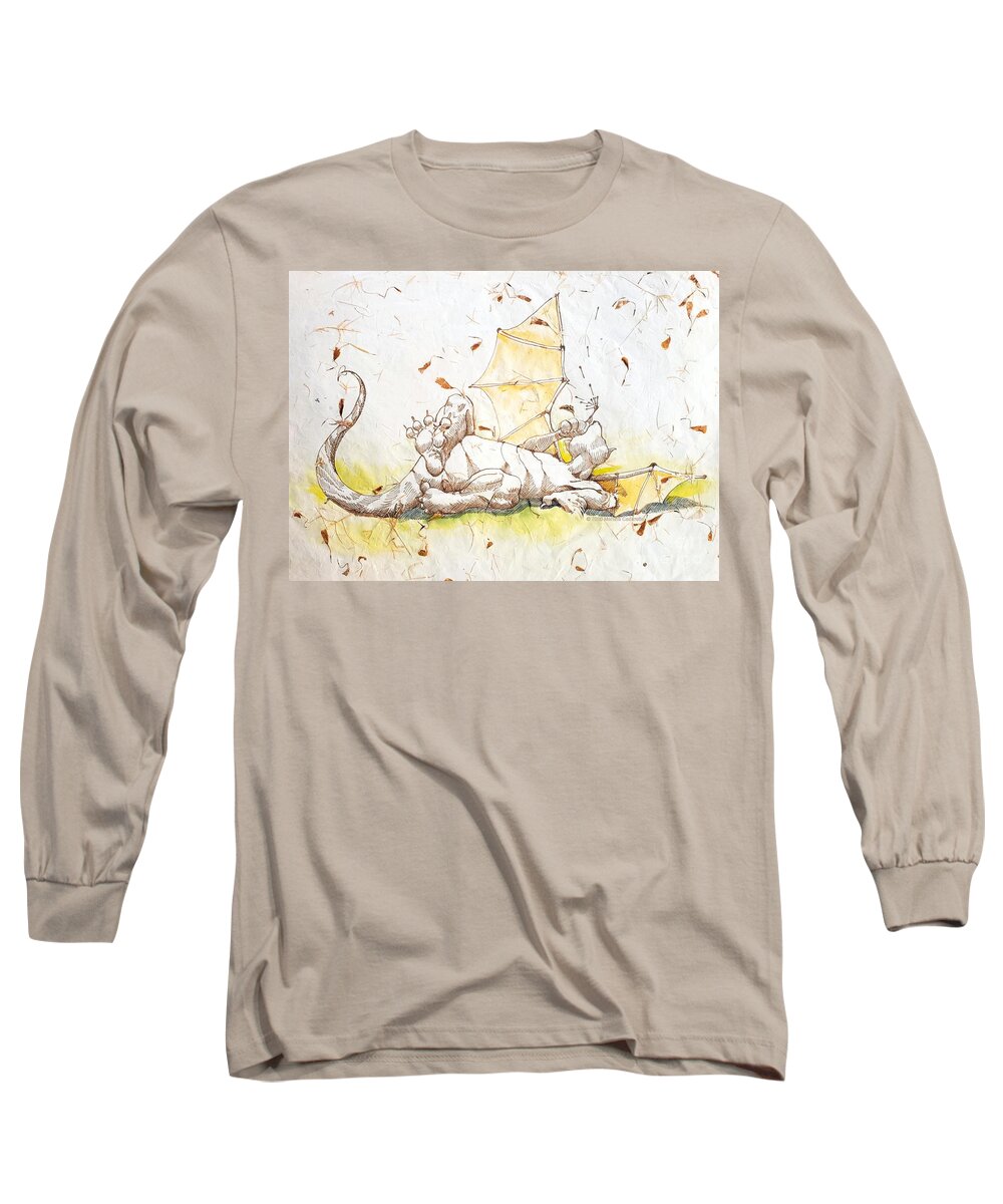 Watercolor Long Sleeve T-Shirt featuring the drawing Petal Playing Dragon by Merana Cadorette