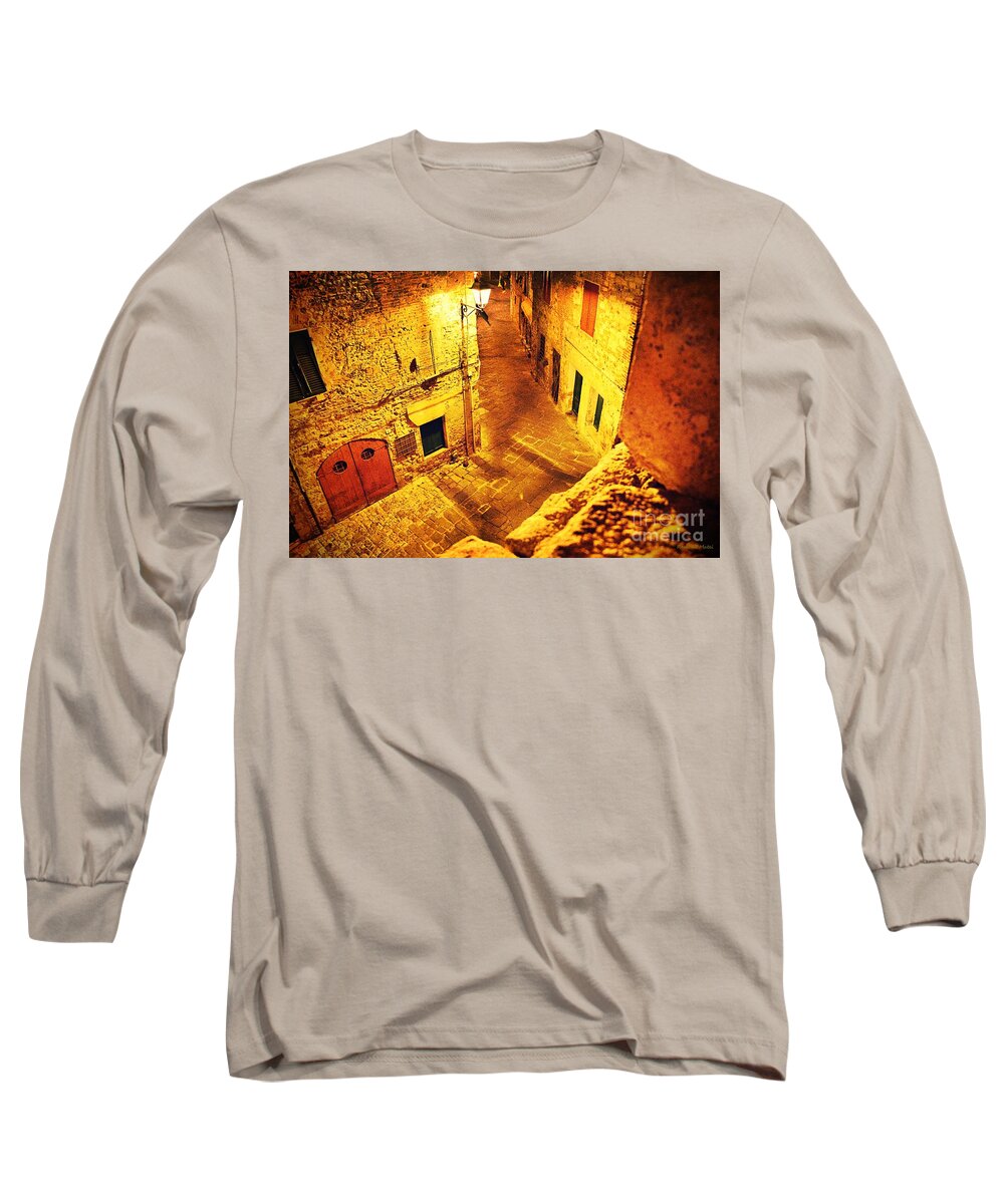 Golden Long Sleeve T-Shirt featuring the photograph Piazza by night in Tuscany by Ramona Matei
