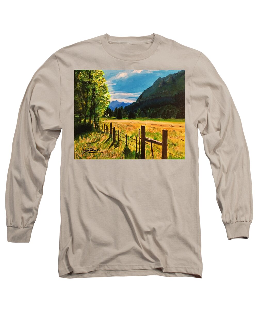Pine Long Sleeve T-Shirt featuring the painting Pine River Trailhead by Julie Wittwer