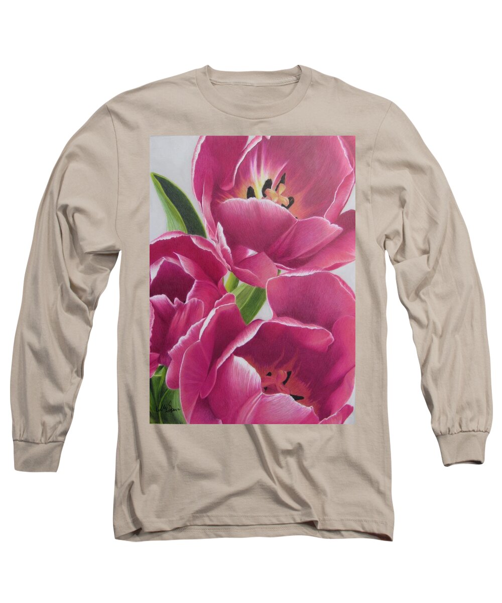 Tulips Long Sleeve T-Shirt featuring the drawing Pink Petals by Kelly Speros