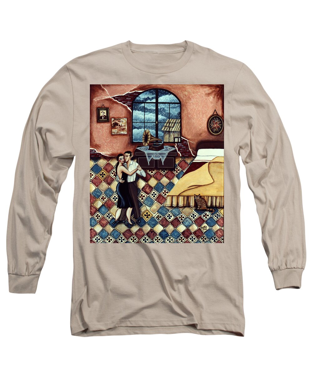 Couple Long Sleeve T-Shirt featuring the painting Rain, Romance and Tangos by Graciela Bello