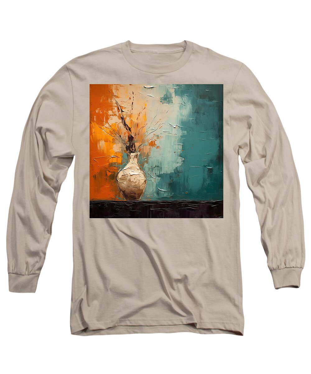 Turquoise And Orange Long Sleeve T-Shirt featuring the painting Rare Charm - Exotic Turquoise and Orange Allure of the Past by Lourry Legarde