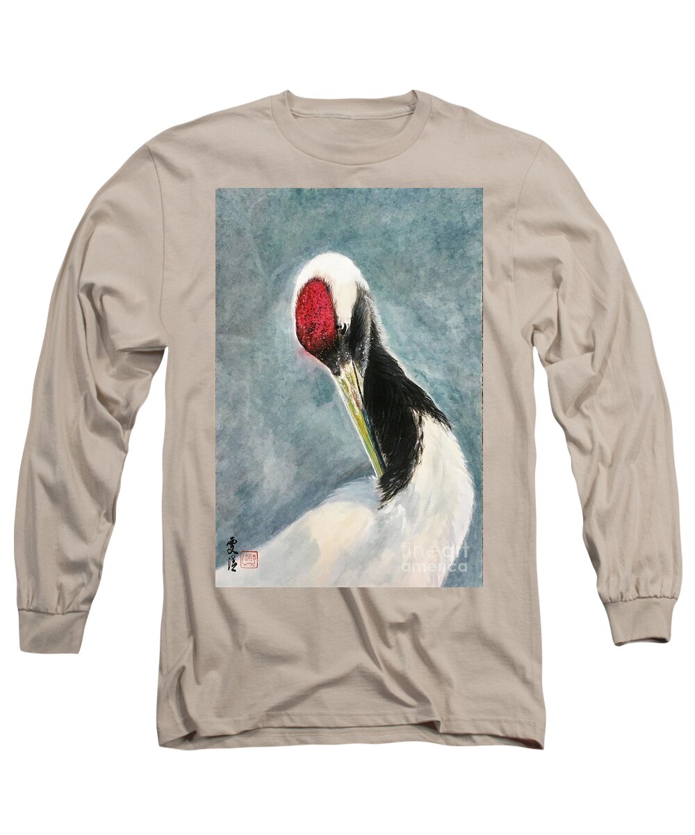 Red-crowned Crane Long Sleeve T-Shirt featuring the painting Red-Crown Crane - 2 Leisurely by Carmen Lam