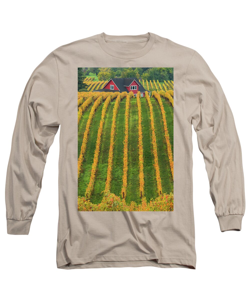 Autumn Long Sleeve T-Shirt featuring the photograph Red House in the Golden Vines by Don Schwartz