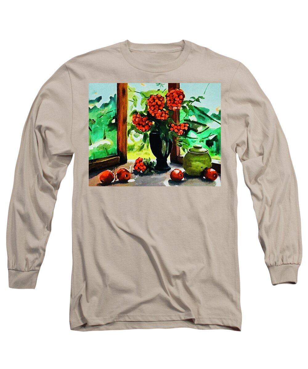 Art Long Sleeve T-Shirt featuring the painting Red rowan berries by Lana Sylber