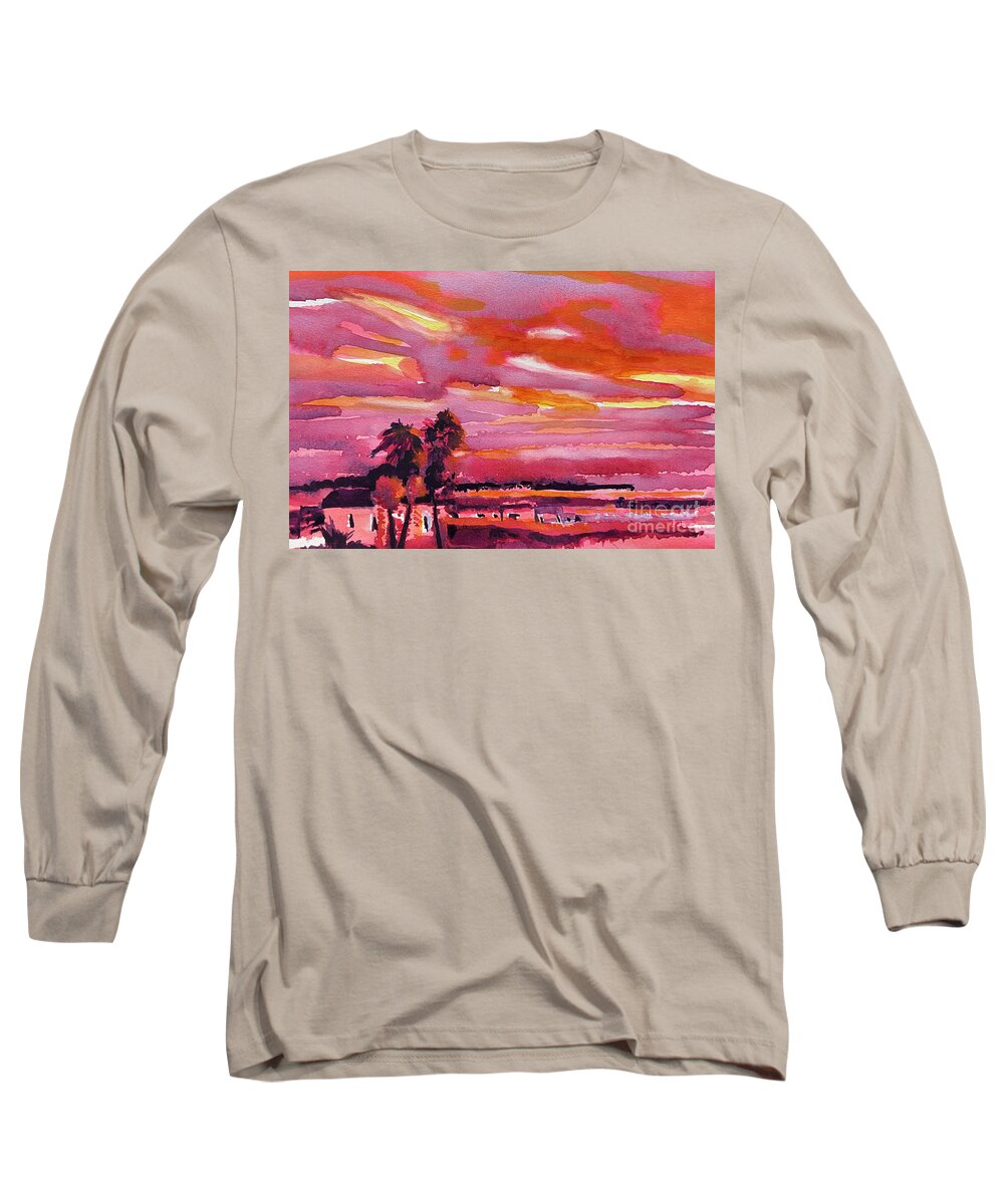 Original Watercolors Long Sleeve T-Shirt featuring the painting Red Seaside Sunset 5-9-2022 by Julianne Felton