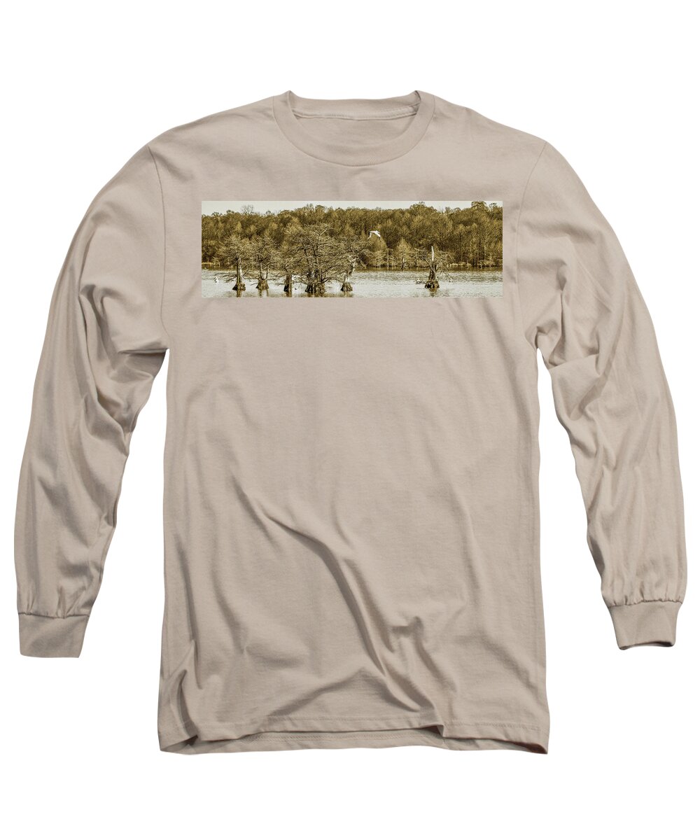 Reelfoot Long Sleeve T-Shirt featuring the photograph Reelfoot Lake Cypress and Pelicans 001 by James C Richardson