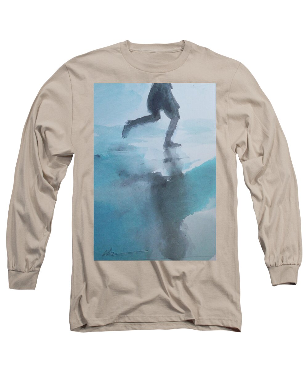 Water Outdoors Nature People Figures Ocean Travel Long Sleeve T-Shirt featuring the painting Run To The Beach by Ed Heaton