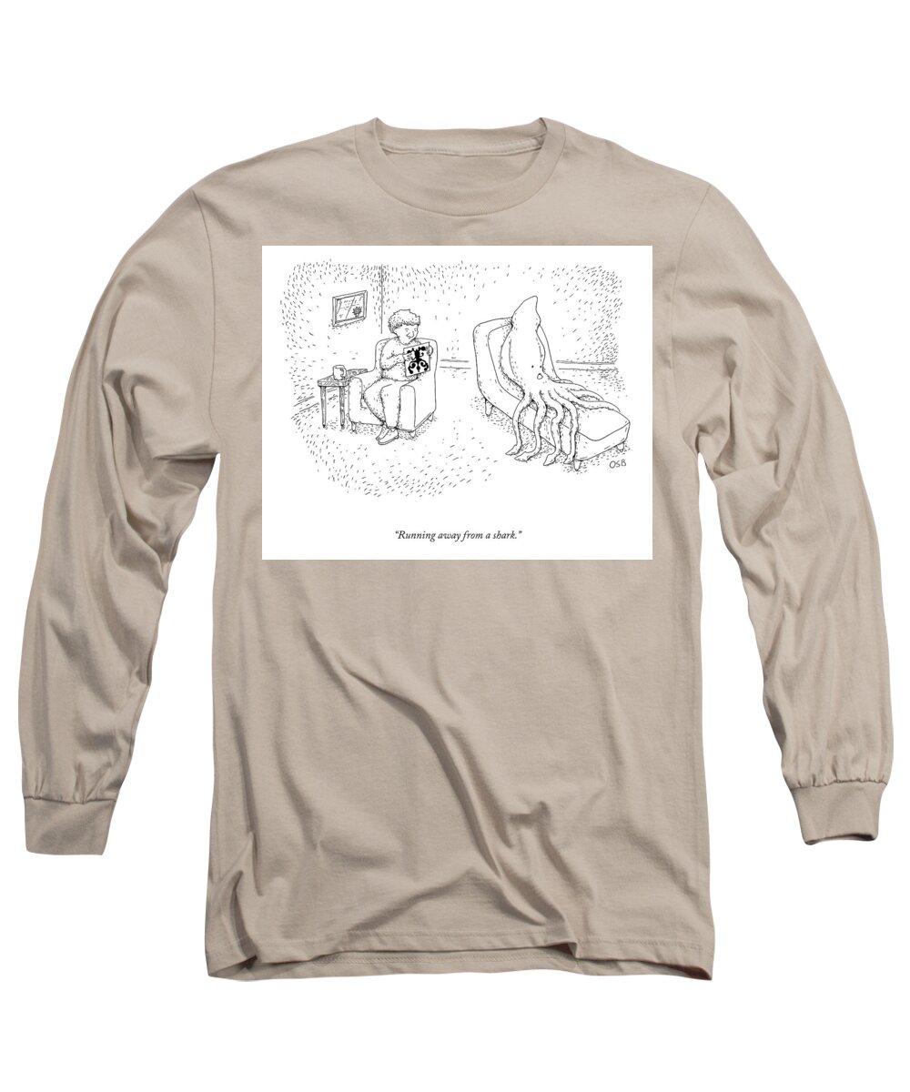 Running Away From A Shark. Rorschach Long Sleeve T-Shirt featuring the drawing Running Away from a Shark by Oren Bernstein