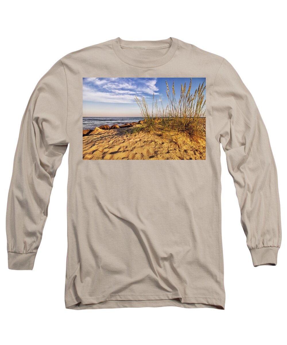 Sea Oats Long Sleeve T-Shirt featuring the photograph Sea Oats and Sand on Atlantic Beach North Carolina by Bob Decker