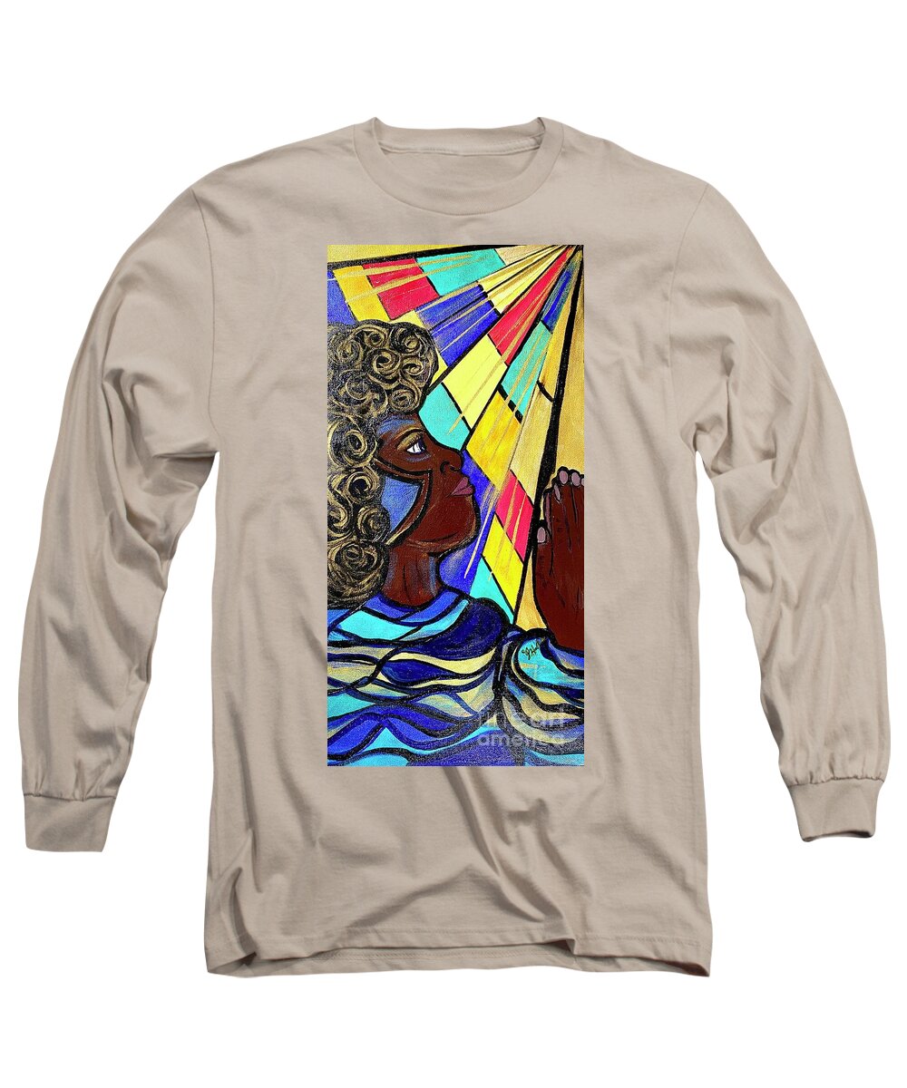 Woman Long Sleeve T-Shirt featuring the painting SHE Prays by Sheila J Hall